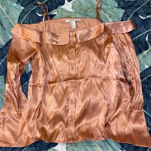 Off the shoulder, peachy bronze, silky top